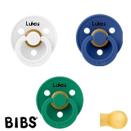 BIBS Colour Schnuller mit Namen, Gr. 2, Evergreen, White, Cornflower, Rund Latex, (3er Pack)